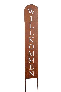 Gartenstecker/Stele Willkommen Rostoptik ausgestanzt 480518 14x0,5xH75cm +20cm Stab Metall
