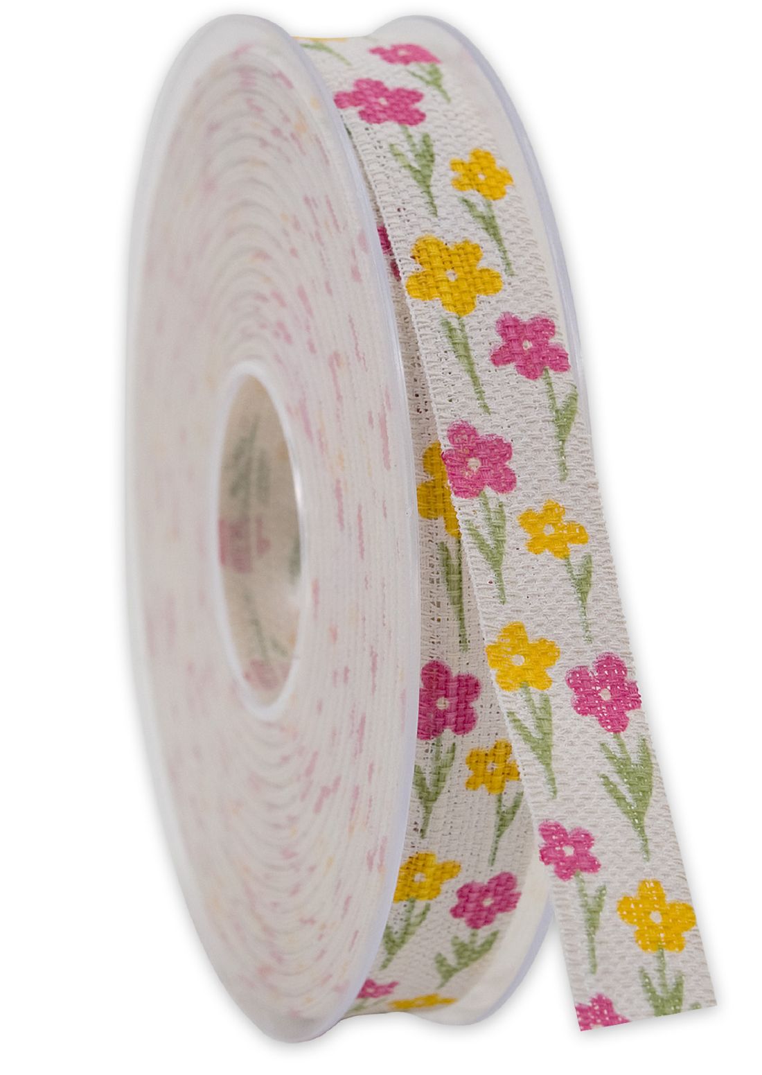 Band Frühlingsblumen gelb-pink 147a 25 B:15mm L:20Meter