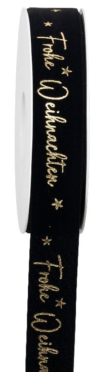 Band Frohe Weihnachten schwarz-gold 697a 90 B:25mm L:18Meter Samtband