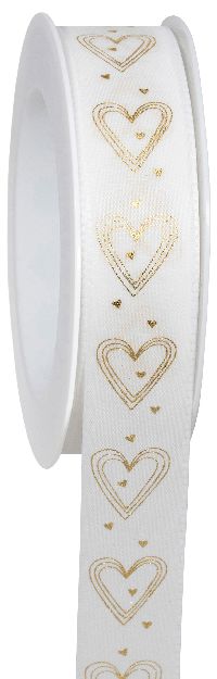 Band Message of Love -Herzband weiss mit Goldprägung B:25mm L:18m Taftband 755a 01.