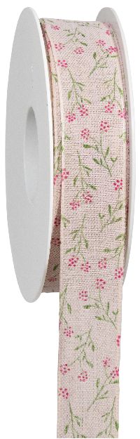 Band Flos mit Drahtkante rosa   bedrucktes Leinenband B:25mm L:18m 760a 211