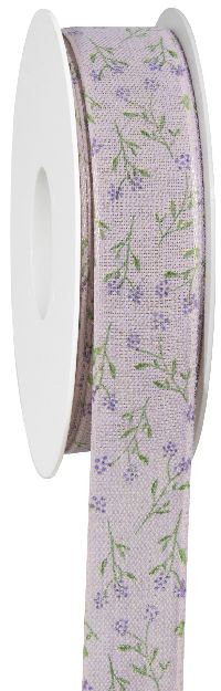 Band Flos mit Drahtkante flieder  bedrucktes Leinenband B:25mm L:18m 760a 622